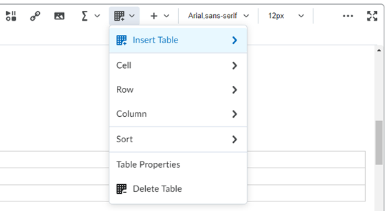 Image showing the table formatting options available in the HTML Editor.