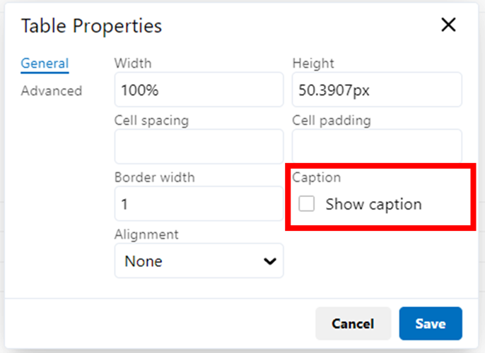 Image showing the table properties and where to select to show caption.