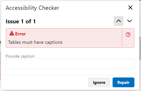 Image showing the Accessibility Checker with a Table error.