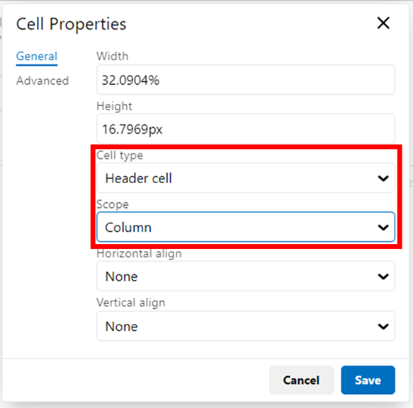 Image showing how to set the cell type (header cell) and scope (column or row).