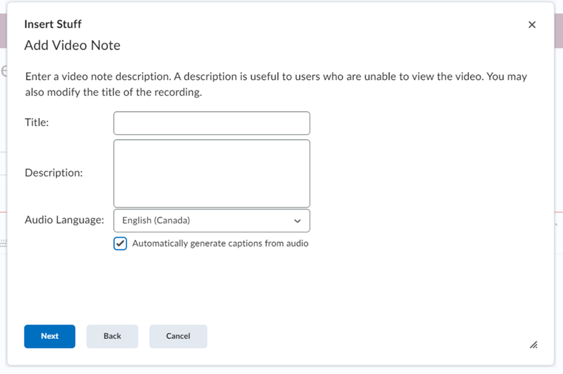 Image showing dialogue box where you can add a Title, Description, set the language of the video and also the Automatically generate captions option.