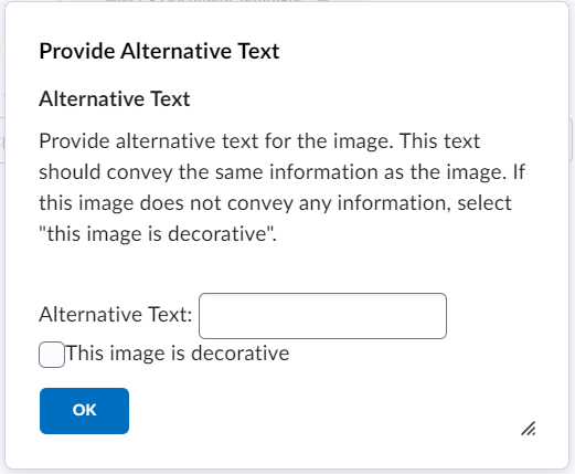 Dialogue window showing where to add in Alt Text or designate the image as decorative 