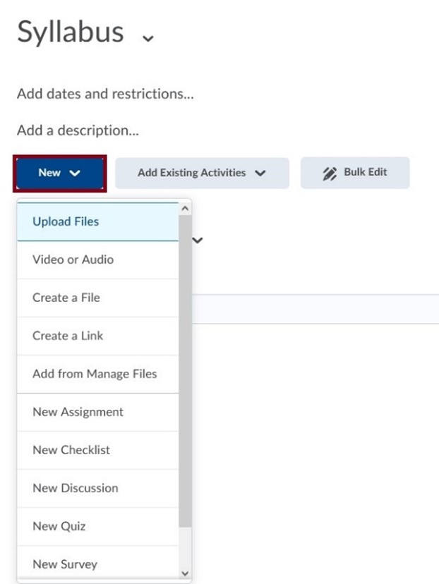 Itemized list of content type you can create under the New button