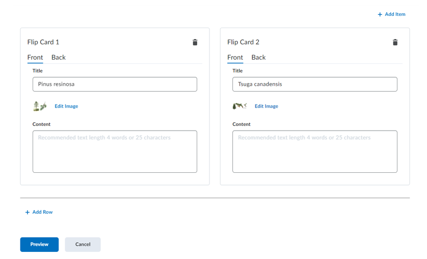 Showing the options for adding in a Flip Card with a Title and Content