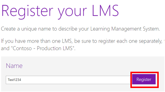 Image showing the Register your LMS box and asking for a name