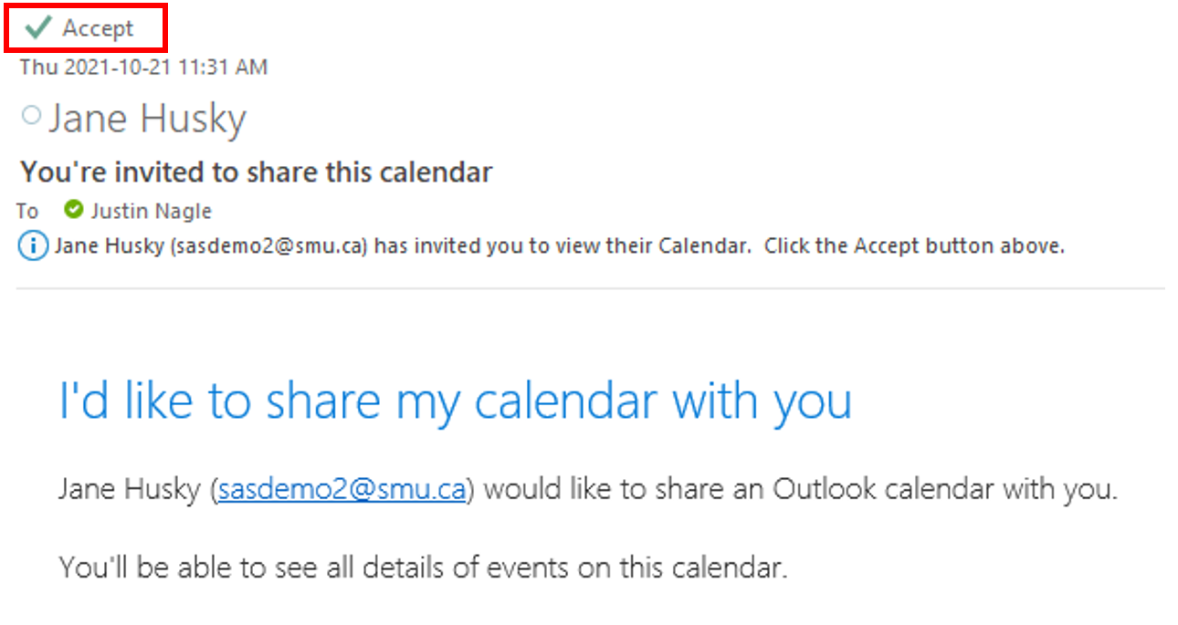 Image showing the individual receiving an email after sharing a calendar with them