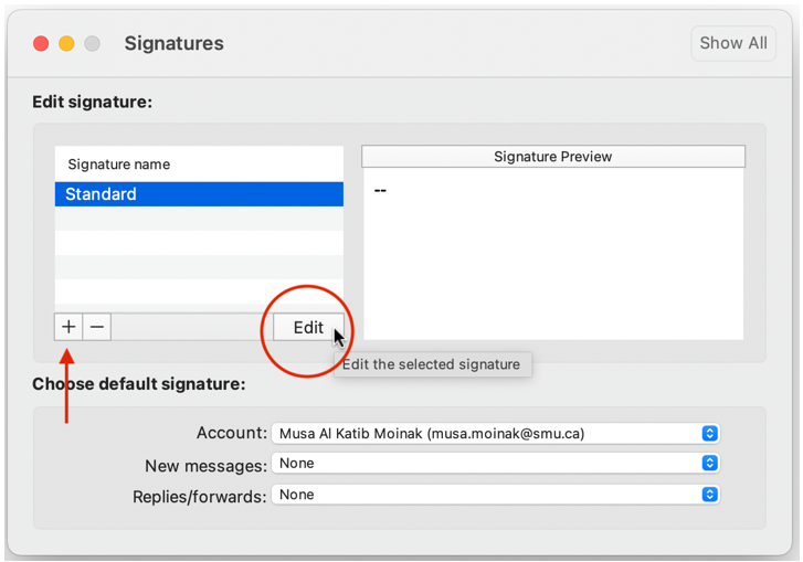 Image showing the edit button for a signature and plus button for adding a new signature