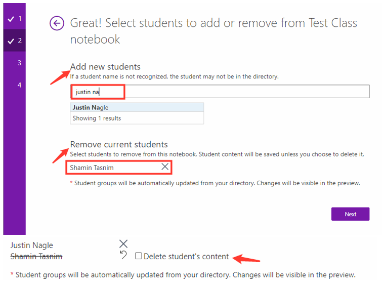 Image showing the option to add new students or remove currect students in OneNote