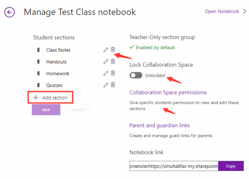 Image showing the option to add or delete a section in OneNote