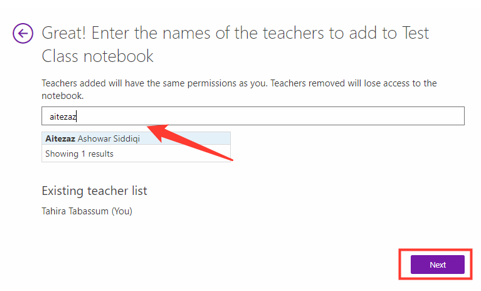Image showing the option to add teachers name for adding them to the notebook