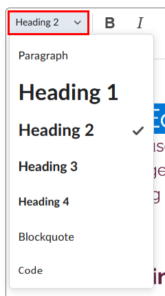 Image displaying the different Heading sizes available in Brightspace