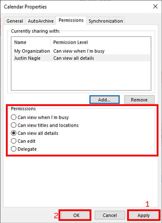 Image showing how to set permissions for an individual added to your calendar