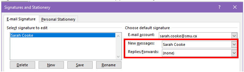 Image showing the options for default signature for new emails and replies