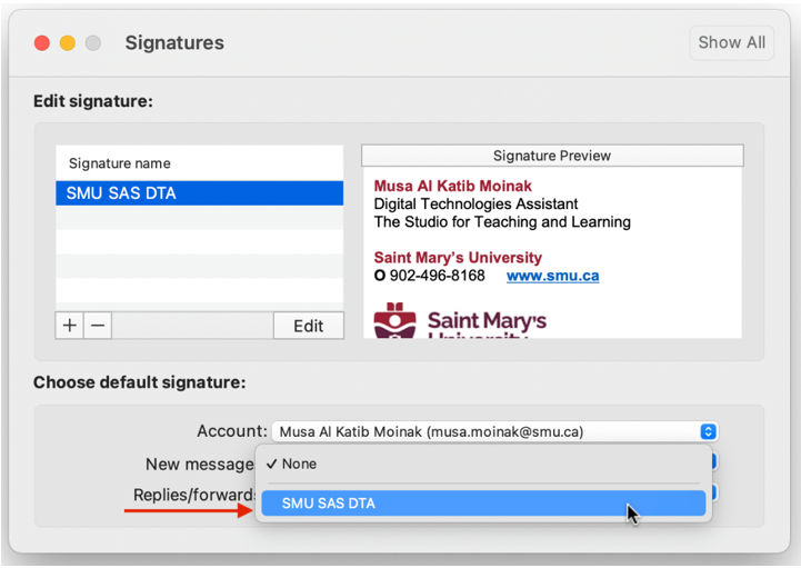 Image showing the options for default signature in new emails and replies