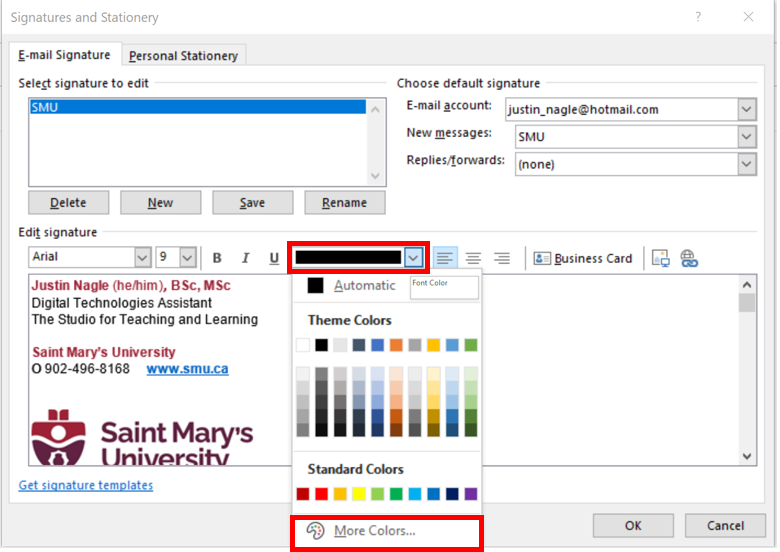 Image showing the color options for the email signature text