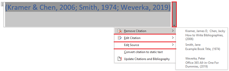 Image showing the options after clicking on a Citation that is used