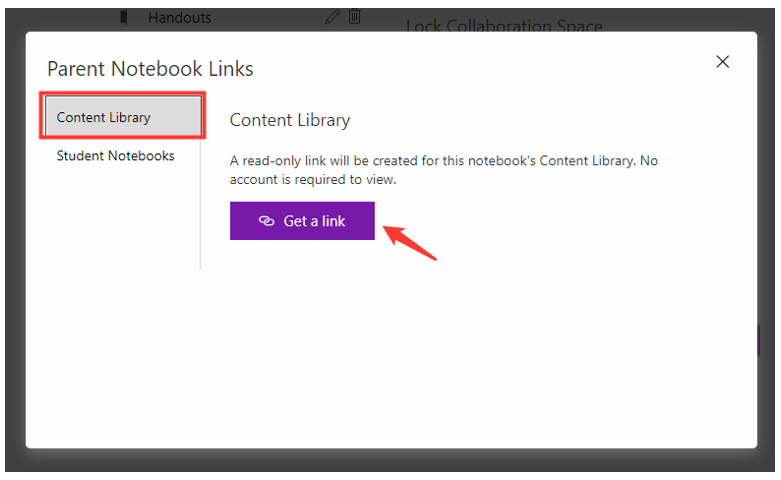 Image showing the Content Library button in OneNote