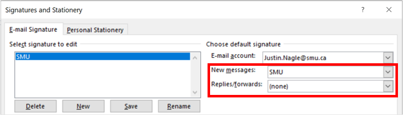 Image showing the option for automatic email signatur in new or reply emails
