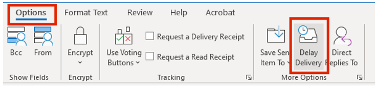 Outlook ribbon showing the Options tab. A red box highlights the Options tab and the Delay Delivery option in the More Options section.