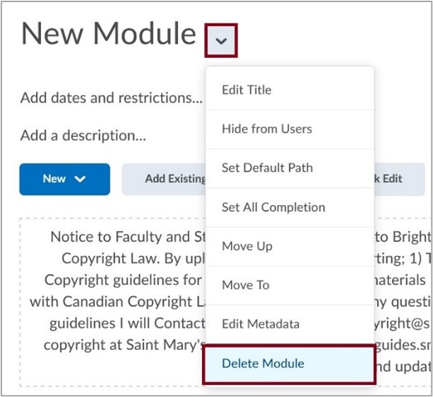 Image showing delete option for modules