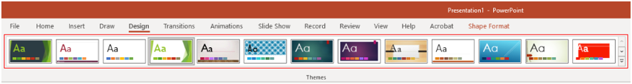 Showing the options/templates for Themes under Design tab