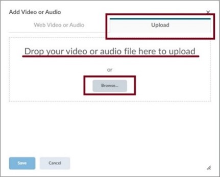 Image showing drag video/audio file method in brightspace