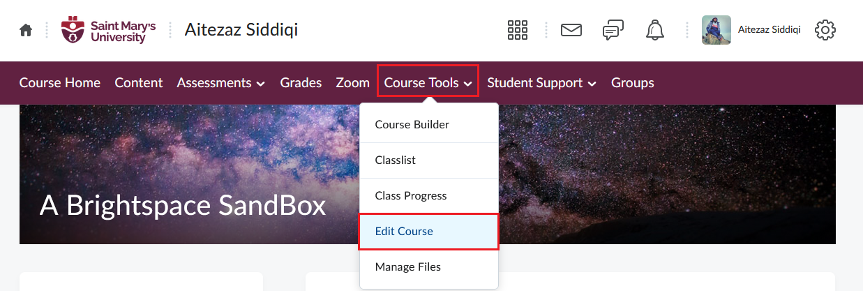 Image showing the edit course button from navigation bar
