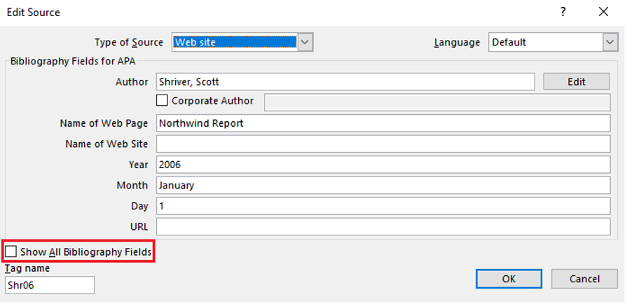 Image showing the Edit Source dialogue box and the Show All bibliography Fields checkbox