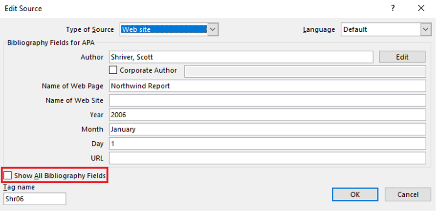 Image showing the Show All Bibliography Fields checkbox in Edit Source dialogue box