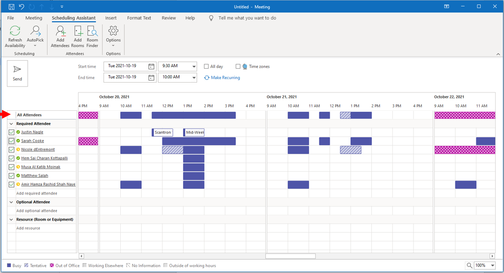 Image showing an example of Scheduling Assistant which shows when everyone is free
