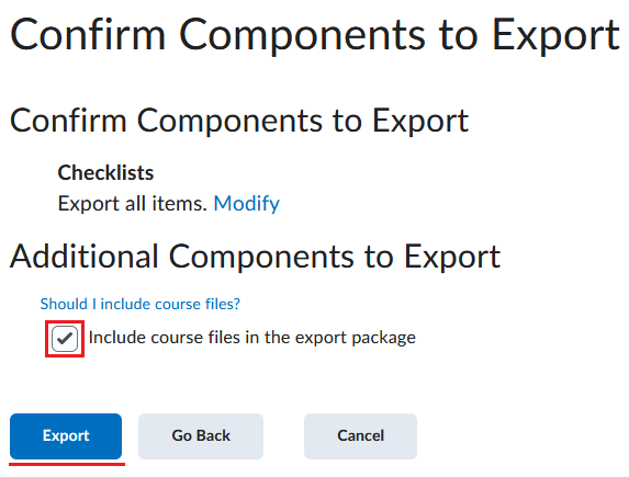 Image showing the export component confirmation page
