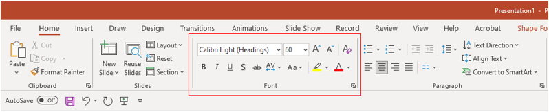 Showing the Font group on the Ribbon