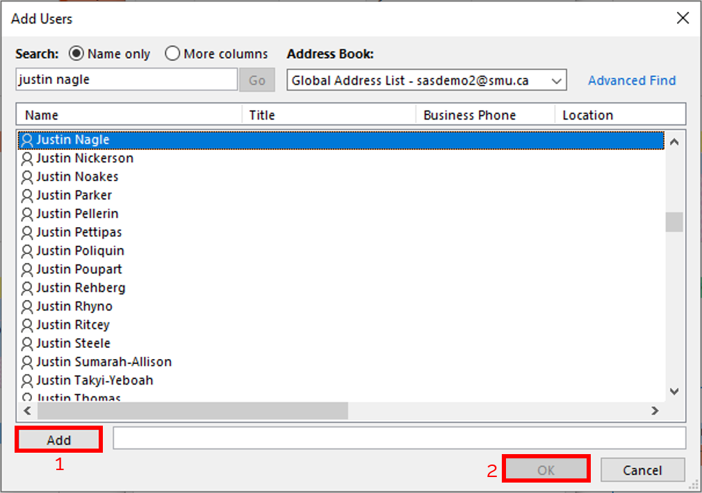 Image showing the Global Address List for adding people to your calendar permissions