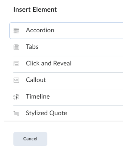 Showing the Accordion element option button