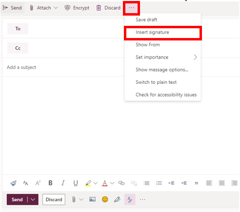 Image showing the insert signature button when composing email