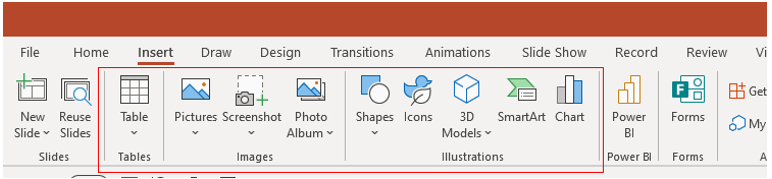 Showing Tables, Images and Illustrations group under Insert tab.