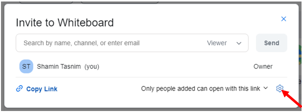 Showing the Invite to Whiteboard dialogue box where you can invite other people to your whiteboard