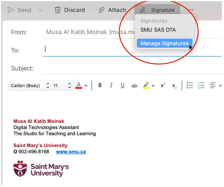Image showing the manage signature button from the signature tab when composing an email