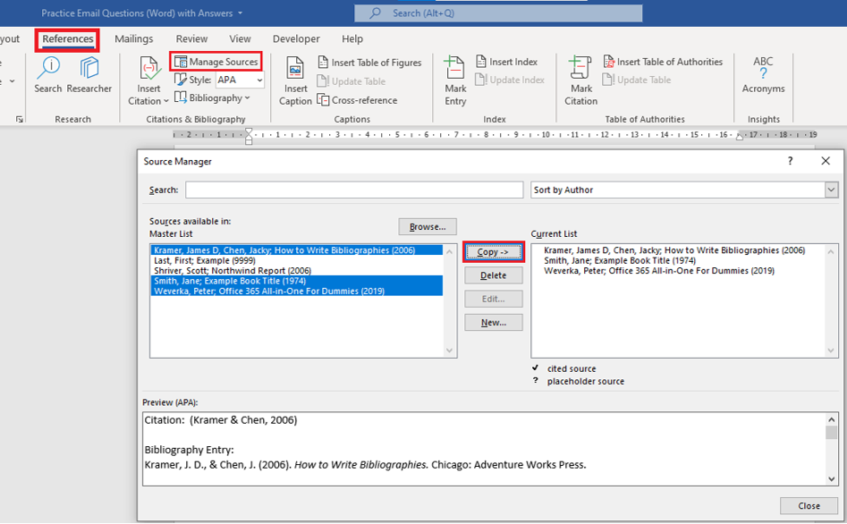Image showing the Source Manager from the Manage Sources button under Reference tab