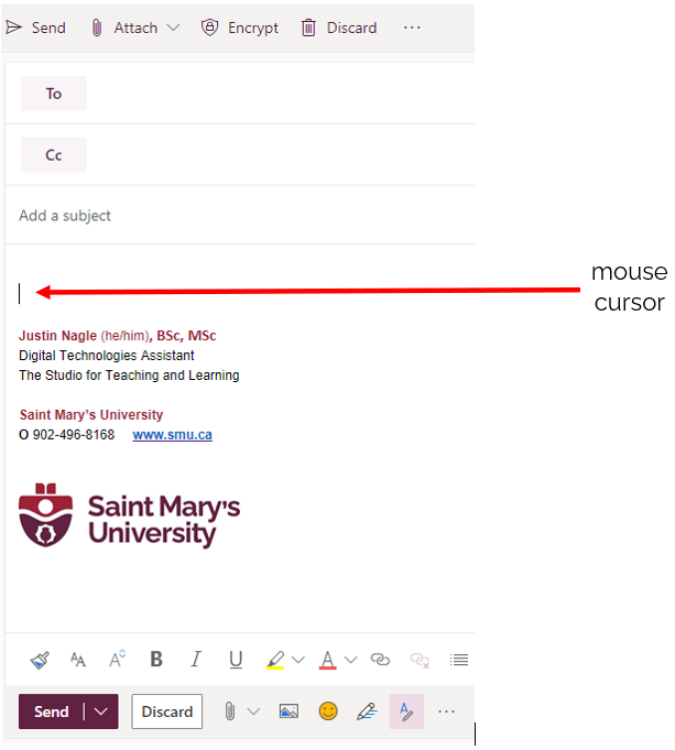 Image showing where the signature will be inserted in the body of an email