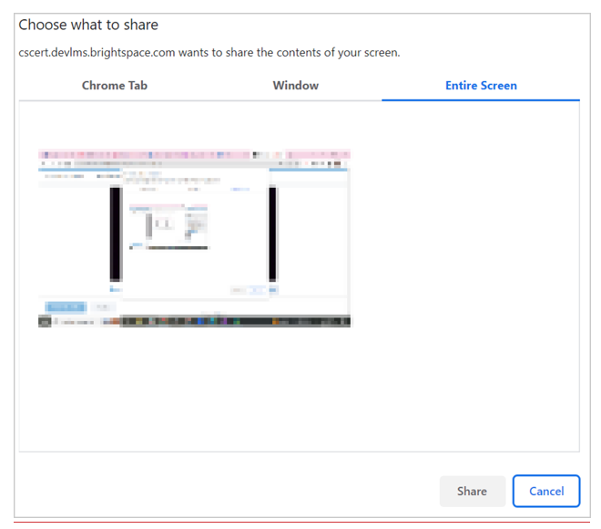 Showing the options to choose which screen to share from Share Screen features - Chrome Tab, Window or Entire Screen.