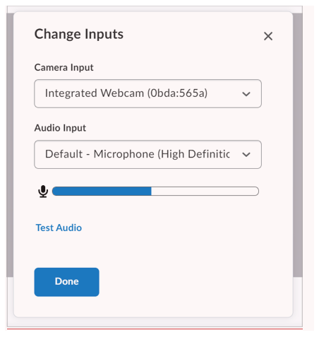 Showing the window to change the input devices for both audio and camera