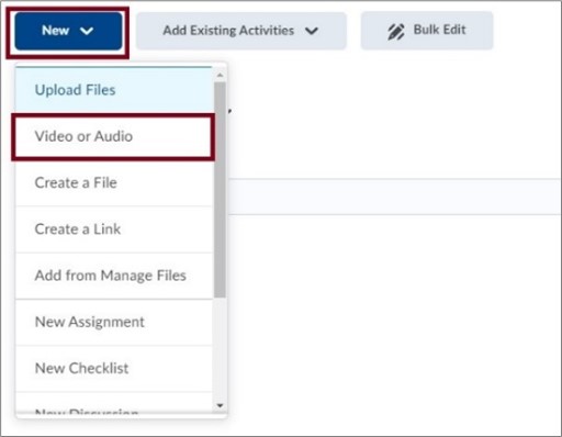 Image showing how to upload video or audio file in brightspace