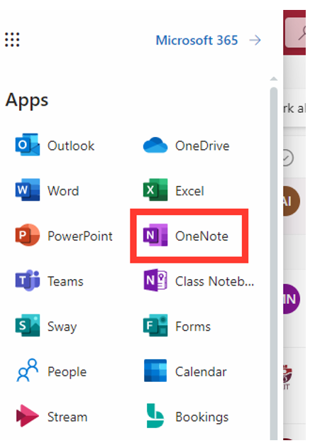 Image showing the OneNote application button after you click the waffle button