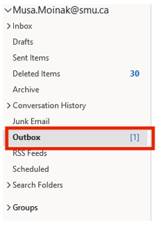Outlook folder pane with a red box highlighting the Outbox with one outgoing message.