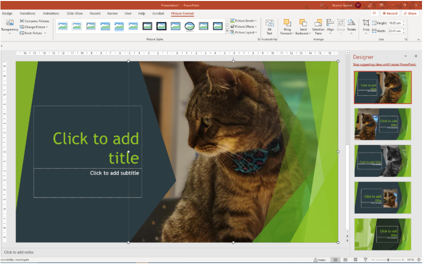Showing the Designer panel and different Design templates recomended by PowerPoint