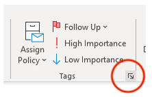 The Tags section of the Outlook Message tab. A red circle highlights the Message Options button.