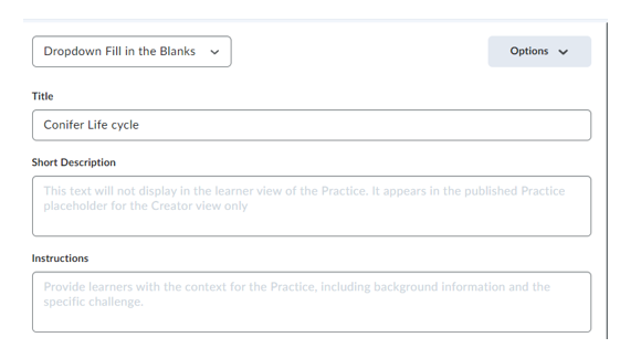 Showing the options for adding in a Title, Short Description and Instructions for a dropdown element