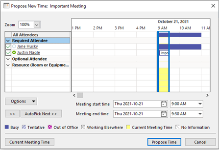 Image showing a mini dialogue box with scheduling assistant for proposing a different time