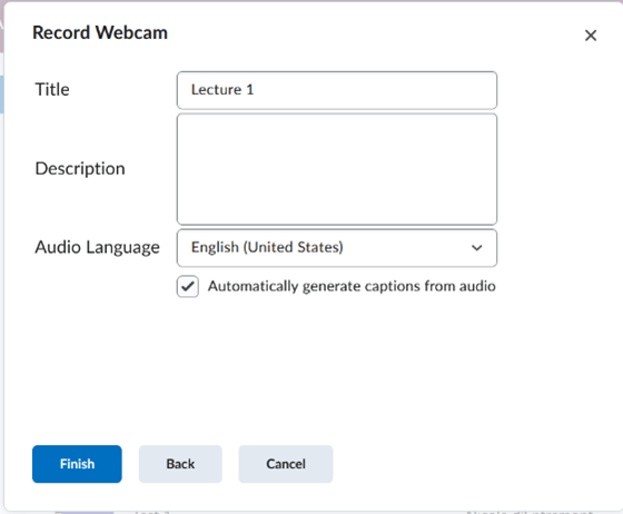 Image showing the different options for the recording: Title, Description, Audio Language as well as the option for having auto generate captions on